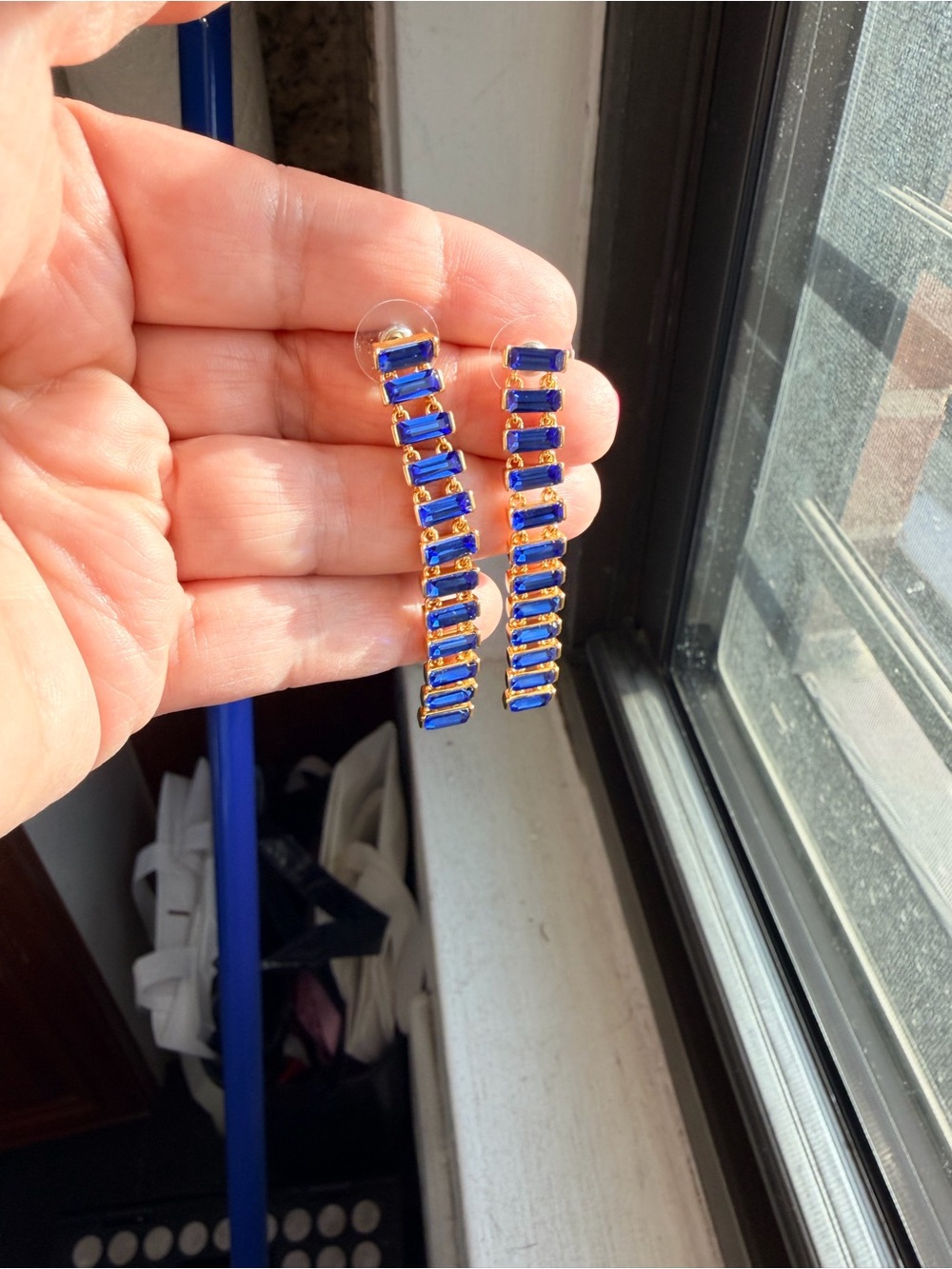 J. Crew Gold Tone Drop Earrings with Cobalt Blue Stones